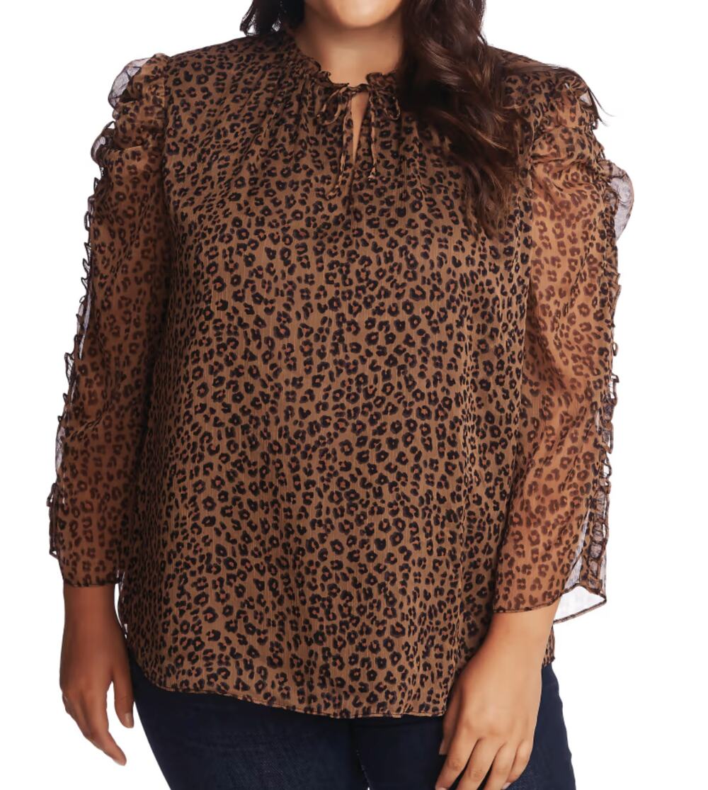 Cece Emery Ruffled Sheer Sleeve Leopard Print Shirt Womens Plus Size 1X
